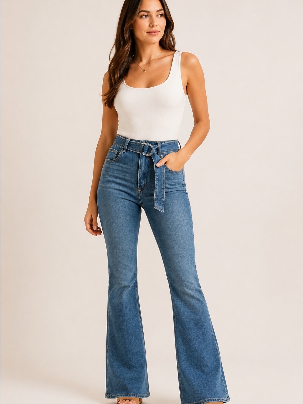 Francesca's Collections Blue High-Rise Flare Jeans with Self-Tie Belt